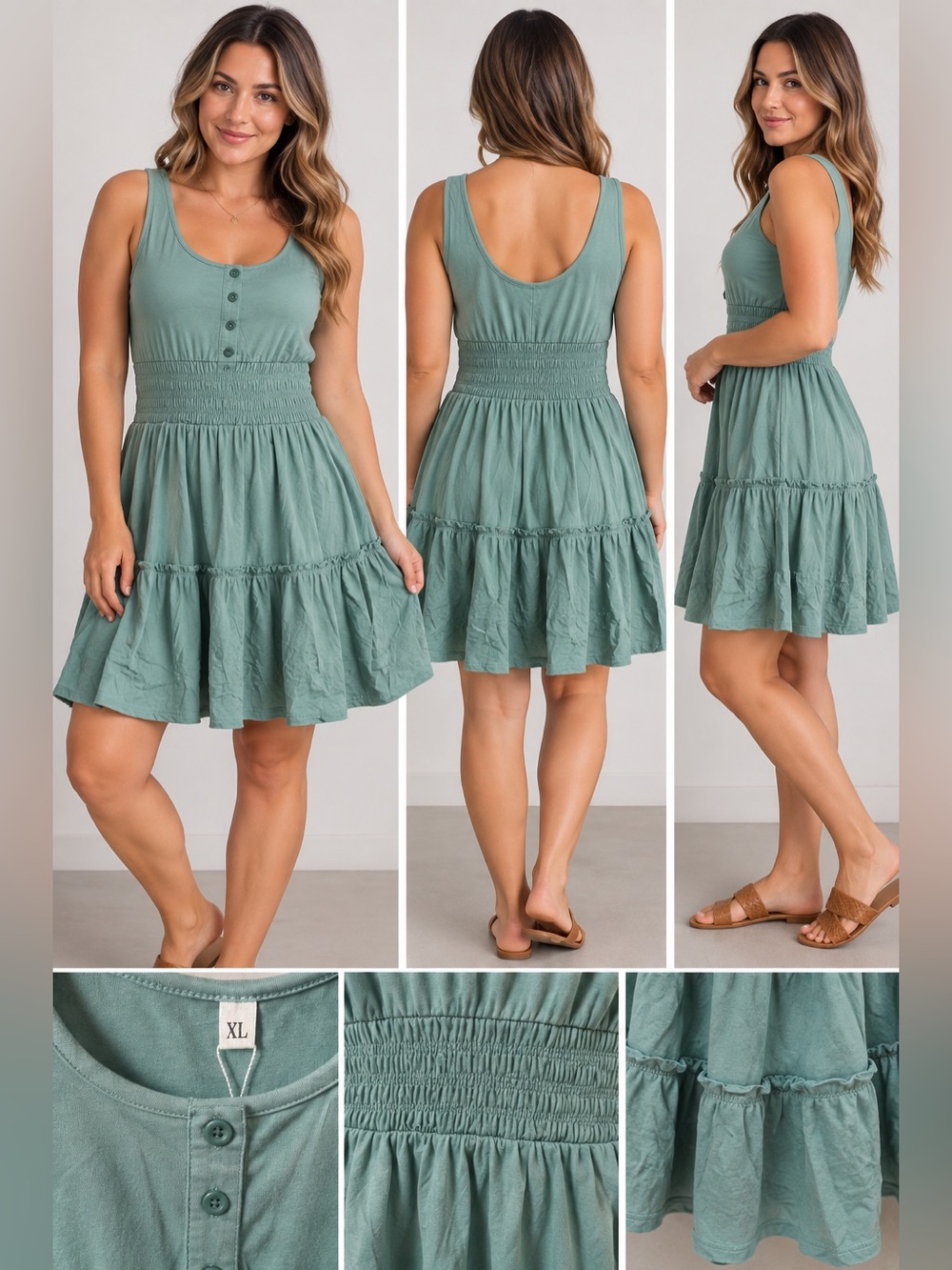 Sleeveless Smocked Waist Tiered Mini Dress - Sage Green